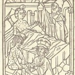 Smeerkuur met kwikzalf. Uit: ‘A malo Franzcos, morbo Gallorum, praeservatio ac cura’ door de Weense arts Bartolomeus Steber (1497-1498), Oostenrijkse Nationale Bibliotheek, Wenen. 