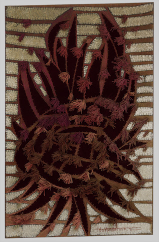 Ido Pieter Vunderink, Komeet, 1971, jute, fluweel, lurex, wol, hout, 205,5 x 130,5 cm, inv.nr. SZ67262