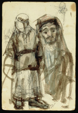 Rosa Catharina (R.C.) Mogendorff, Arabieren uit Israël, houtskooltekening met waterwerf op karton, [1965], 23,5 x 16 cm, inv.nr. K65187